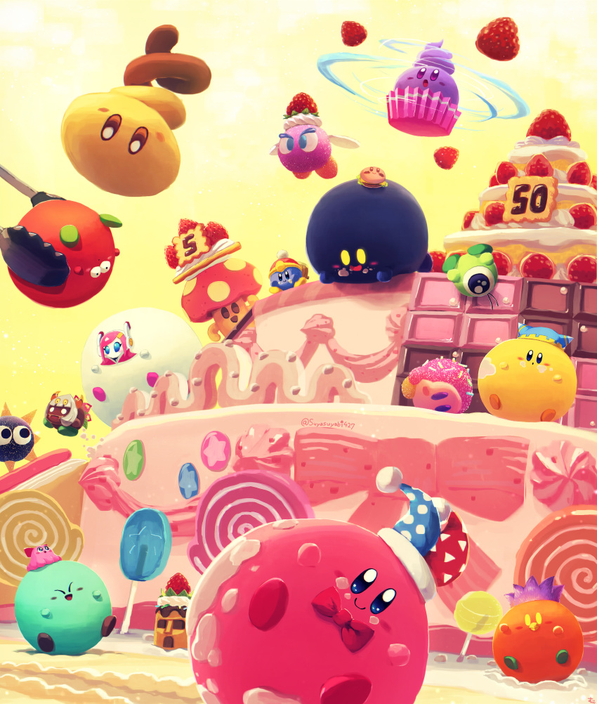 absurdres blue_skin blush_stickers bow bowtie bronto_burt cake cake_slice candy cappy_(kirby) character_mask chocolate chocolate_bar chuchu_(kirby) colored_skin copy_ability cosplay cupcake flying food food_on_face fruit gordo happy hat highres jester_cap kabu_(kirby) king_dedede king_dedede_(cosplay) kirby kirby's_dream_buffet kirby_(series) lollipop looking_at_viewer magolor magolor_(cosplay) marx_(kirby) marx_(kirby)_(cosplay) mask no_humans o_o open_mouth orb sprinkles star_(symbol) strawberry susie_(kirby) suyasuyabi taranza taranza_(cosplay) tongs twitter_username waddle_dee waddle_doo white_skin wings