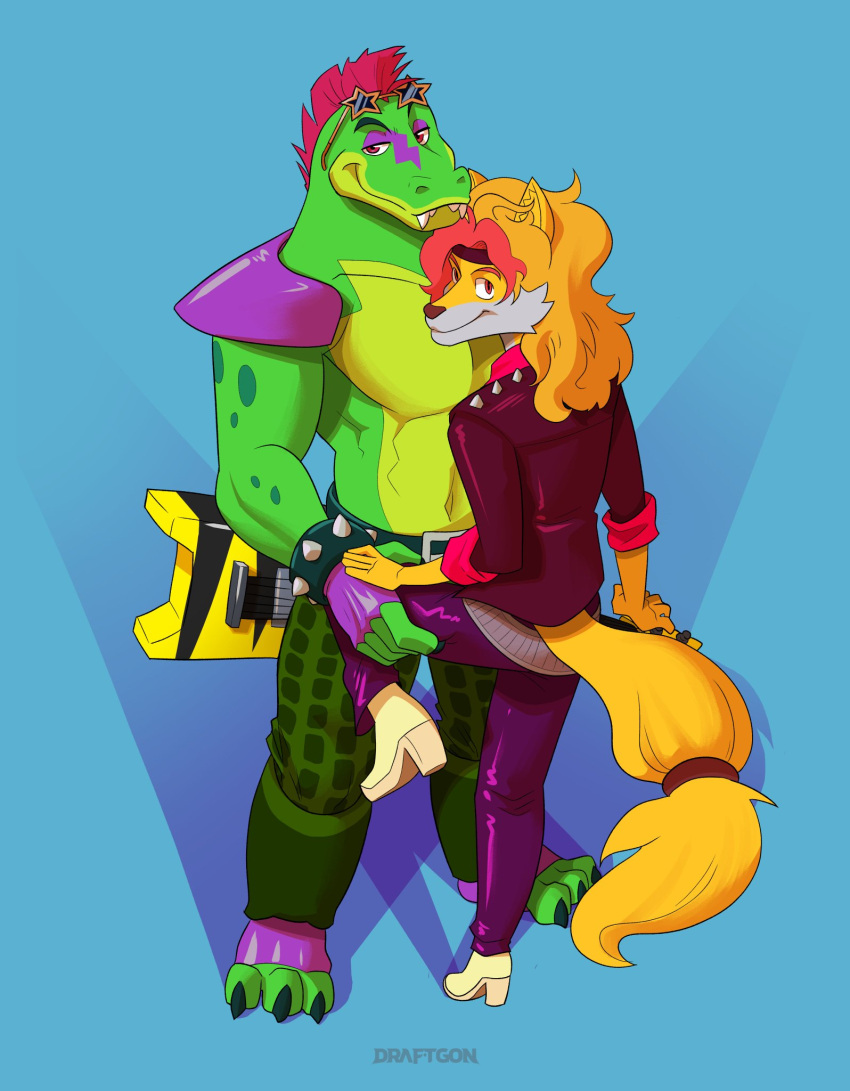 2022 alligator alligatorid animal_humanoid anthro canid canid_humanoid canine canis clothing crocodile crocodilian crocodylid digital_media_(artwork) dodger_akame_(character) draftgon duo five_nights_at_freddy's five_nights_at_freddy's:_security_breach green_body hair hi_res humanoid male male/male mammal mammal_humanoid montgomery_gator_(fnaf) muscular reptile scalie scott_cawthon scottgames shaded signature simple_background steel_wool_studios teeth video_games