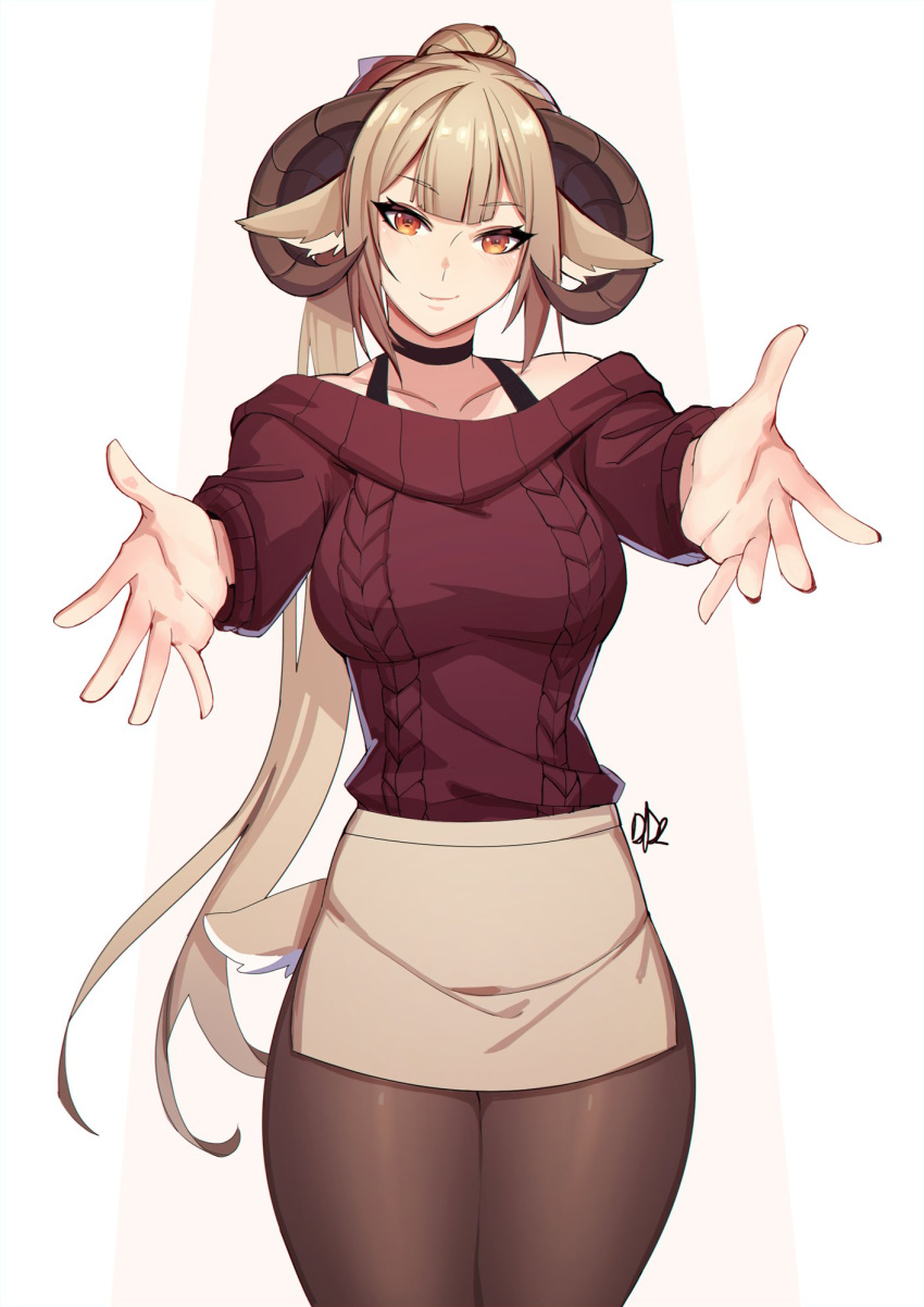 1girl animal_ears aran_sweater bare_shoulders black_choker bra_strap brown_pantyhose brown_skirt choker closed_mouth commission distr enna_(deadthingyz) goat_ears goat_horns goat_tail head_tilt highres horns incoming_hug long_hair long_sleeves looking_at_viewer miniskirt off-shoulder_sweater off_shoulder orange_eyes original pantyhose reaching_out red_sweater signature skirt smile solo standing sweater tail very_long_hair