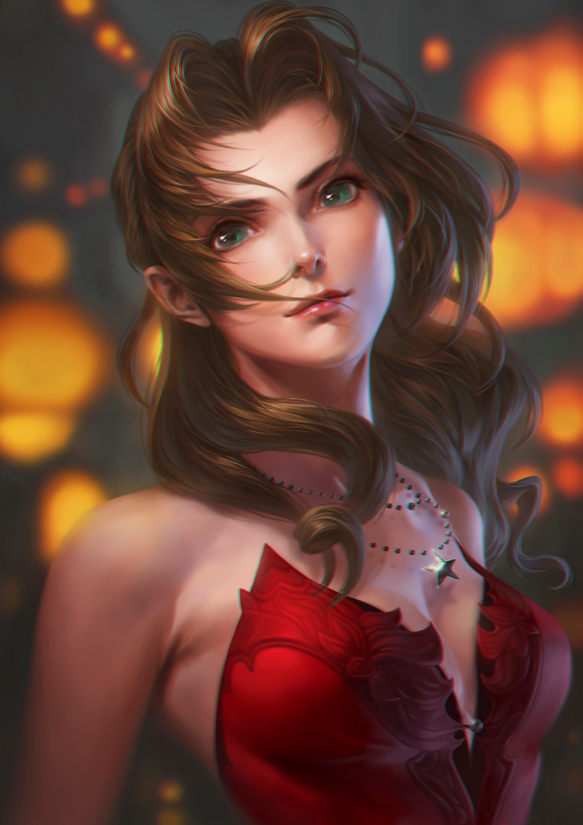 1girl aerith_gainsborough bangs bare_arms bare_shoulders blurry blurry_background breasts brown_hair cleavage dress final_fantasy final_fantasy_vii final_fantasy_vii_remake flamenco_dress green_eyes highres jewelry kacheong lantern lips long_hair looking_at_viewer medium_breasts multiple_necklaces necklace official_alternate_costume parted_bangs portrait red_dress sidelocks solo star_(symbol) star_necklace strapless strapless_dress upper_body wavy_hair
