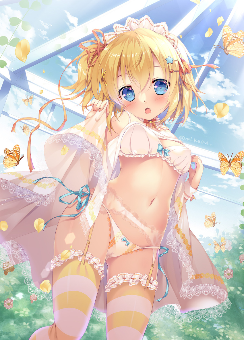 1girl bangs blonde_hair blue_eyes blue_sky blush bow bow_panties bra breasts bug butterfly cameltoe cloud cloudy_sky day falling_petals flower from_below garter_belt hair_between_eyes hair_ornament hair_ribbon headdress highres holding looking_at_viewer mikeou navel one_side_up open_mouth orange_ribbon original outdoors panties petals ribbon see-through short_hair side-tie_panties sky small_breasts solo standing star_(symbol) star_hair_ornament stomach striped striped_thighhighs thighhighs twitter_username two-tone_legwear underwear underwear_only watermark white_bra white_panties white_thighhighs yellow_butterfly yellow_thighhighs