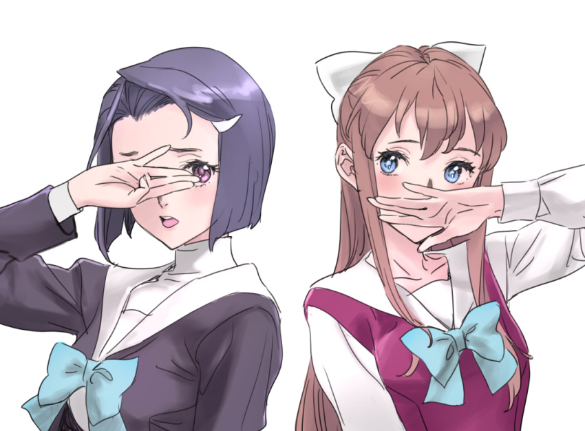 2girls blue_eyes bow brown_hair commentary_request covering_eyes covering_mouth hair_bow hand_over_eye hand_over_own_mouth long_hair matou_yumi medium_hair multiple_girls nagawa_midori nishieda no_eyewear pure_mail purple_eyes purple_hair school_uniform sidelocks