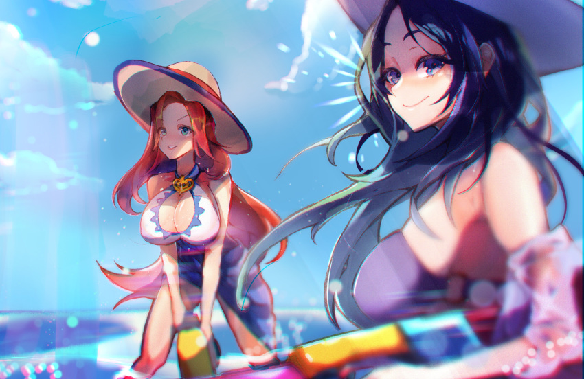 2girls absurdres bikini black_hair blue_eyes blue_sky breasts caitlyn_(league_of_legends) closed_mouth cloud cloudy_sky hat highres hunched_over jewelry large_breasts league_of_legends long_hair mariobaby miss_fortune_(league_of_legends) multiple_girls necklace ocean pool_party_(league_of_legends) pool_party_caitlyn pool_party_miss_fortune red_hair side-tie_bikini_bottom sky smile sun_hat swimsuit water water_gun