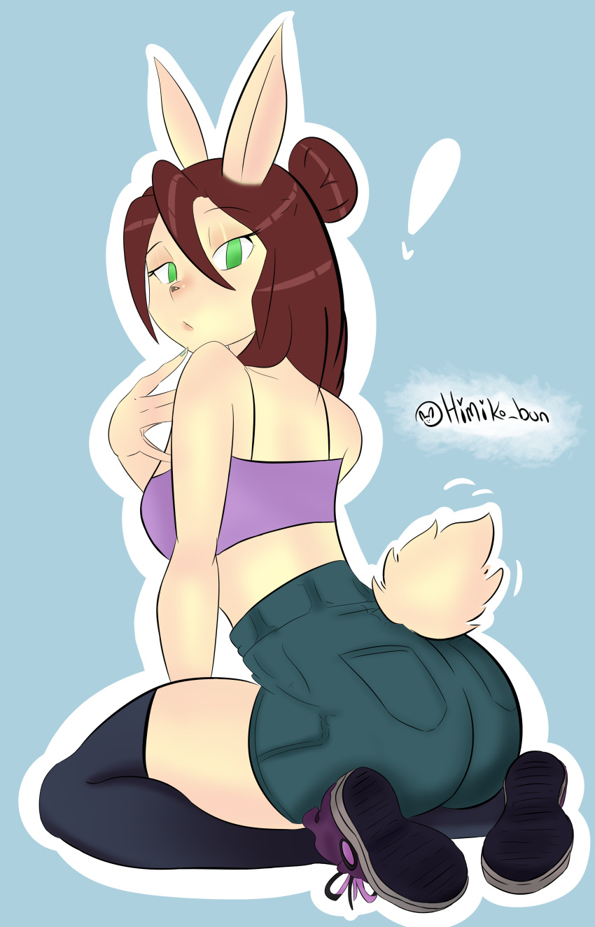 absurd_res anthro big_butt buns butt clothing female green_eyes hi_res himiko_bun lagomorph leporid mammal pubes rabbit solo spread_legs spreading thick_thighs tight_clothing wide_hips