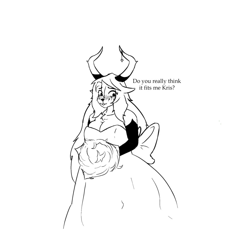 1:1 2022 anthro bouquet bride buckteeth cervid clothing deltarune dress embarrassed english_text female flower flower_bouquet freckles hair hi_res horn jewelry_on_horns long_dress long_hair mammal monochrome noelle_holiday plant shy simple_background standing teeth text undertale_(series) v-olk video_games wedding_dress white_background