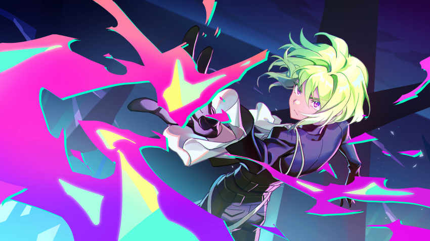 1boy absurdres androgynous ascot black_jacket closed_mouth fire glaring gloves green_fire green_hair highres jacket lio_fotia long_sleeves male_focus mi_lu-zi outstretched_arm promare purple_eyes purple_fire pyrokinesis short_hair solo