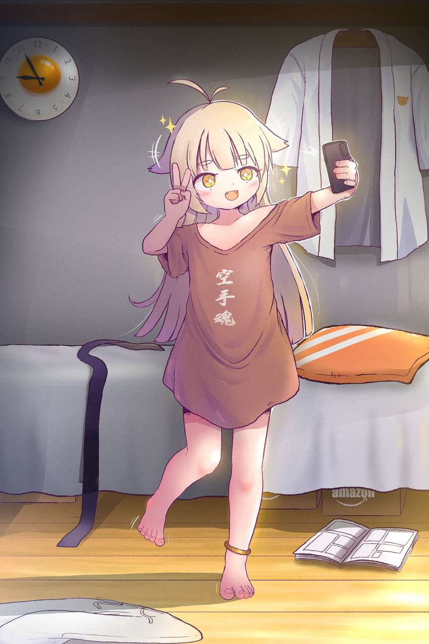 1girl :d absurdres amazon_(company) antenna_hair bangs bare_legs barefoot bed_sheet blonde_hair blush book cellphone child chinese_commentary clock commentary_request fang feet flat_chest hair_between_eyes hand_up highres holding holding_phone indoors jacket kuma-bound leg_up long_hair long_shirt motion_lines open_book original phone short_sleeves smartphone smile solo toes v wall_clock white_jacket wooden_floor yellow_eyes