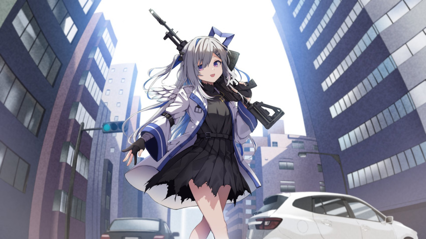 1girl :d amane_kanata angel angel_wings bandaged_arm bandages belt black_belt black_dress black_gloves blue_hair blue_wings city coat colored_inner_hair dress empty_eyes feathered_wings fisheye gloves gradient gradient_wings grey_hair gun hair_ornament hairclip halo highres holding holding_weapon hololive jacket jewelry long_hair long_sleeves looking_at_viewer mini_wings multicolored_hair multicolored_wings necklace official_art open_clothes open_jacket partially_fingerless_gloves purple_eyes rifle short_dress single_hair_intake smile snooze_(vocaloid) solo star_(symbol) star_halo star_necklace summer_tail720 torn_clothes torn_dress trench_coat two_side_up virtual_youtuber weapon white_coat white_jacket white_wings wings