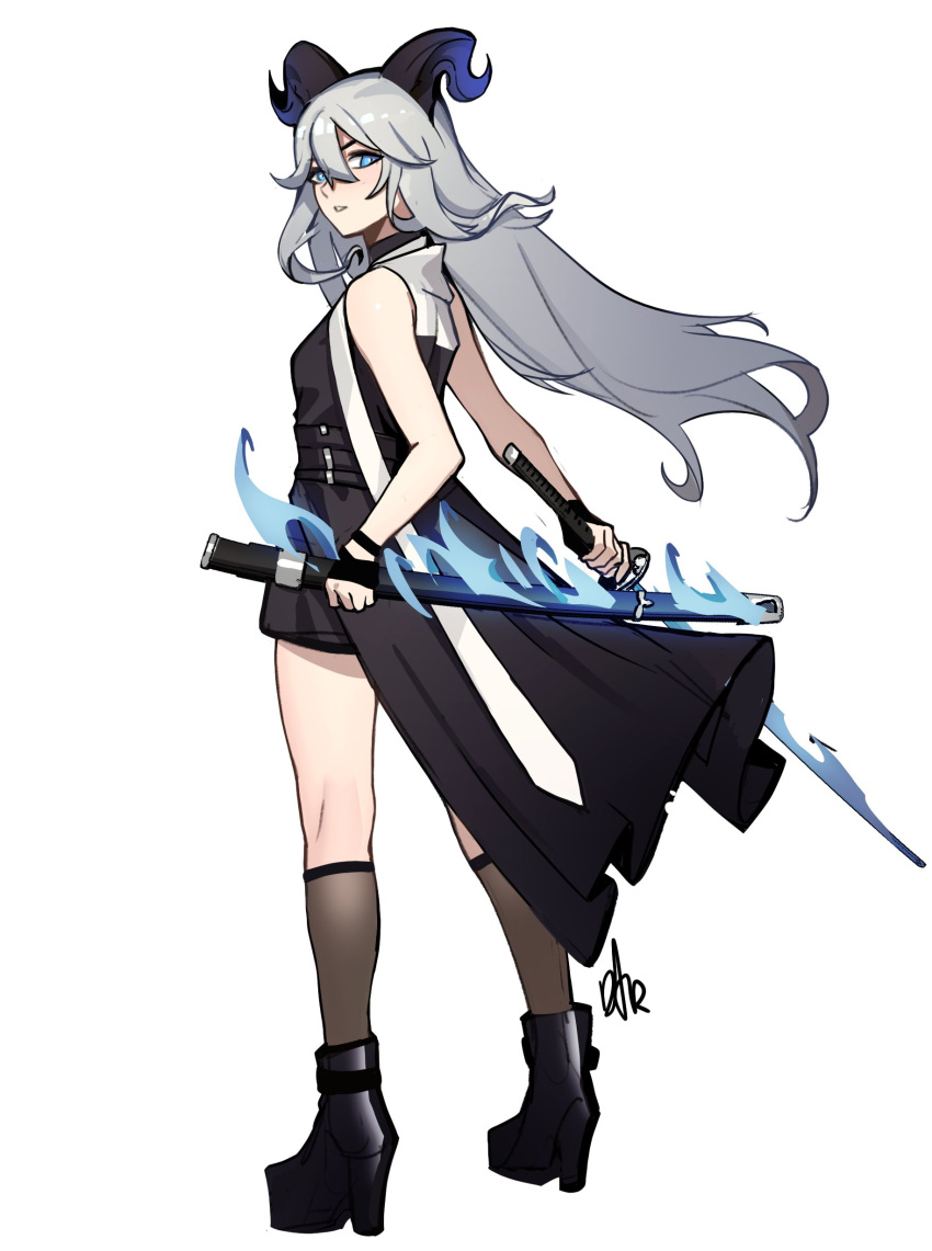 1girl absurdres ankle_boots bare_shoulders black_dress black_footwear blue_eyes boots brown_socks distr dress flaming_sword flaming_weapon from_behind grey_hair hair_between_eyes highres holding holding_sword holding_weapon horns kneepits long_hair looking_at_viewer looking_back original parted_lips scabbard sheath short_dress socks solo standing sword unsheathed waist_cape weapon