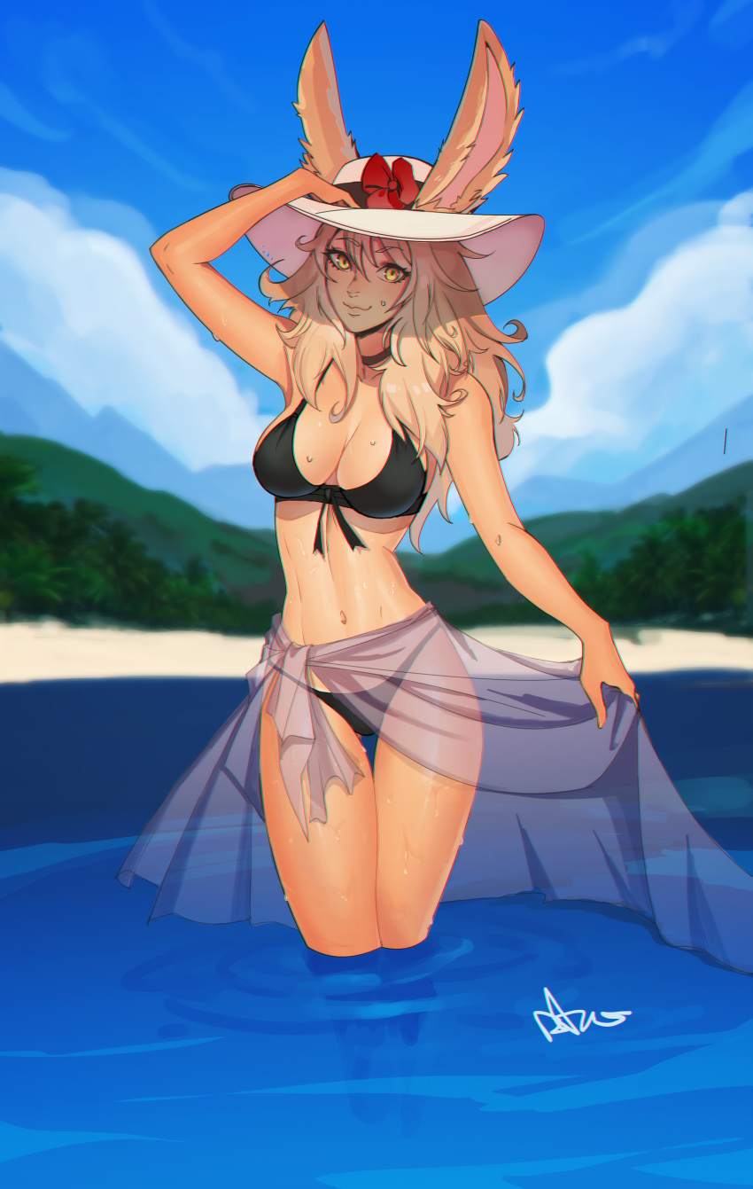 1girl absurdres bikini black_bikini black_choker blonde_hair blue_sky blush breasts choker closed_mouth day distr ears_through_headwear final_fantasy final_fantasy_xiv flower front-tie_bikini_top front-tie_top hand_on_headwear hat hat_flower highres large_breasts long_hair looking_at_viewer ocean outdoors red_flower sarong signature sky smile solo sun_hat swimsuit thigh_gap viera wading white_headwear yellow_eyes