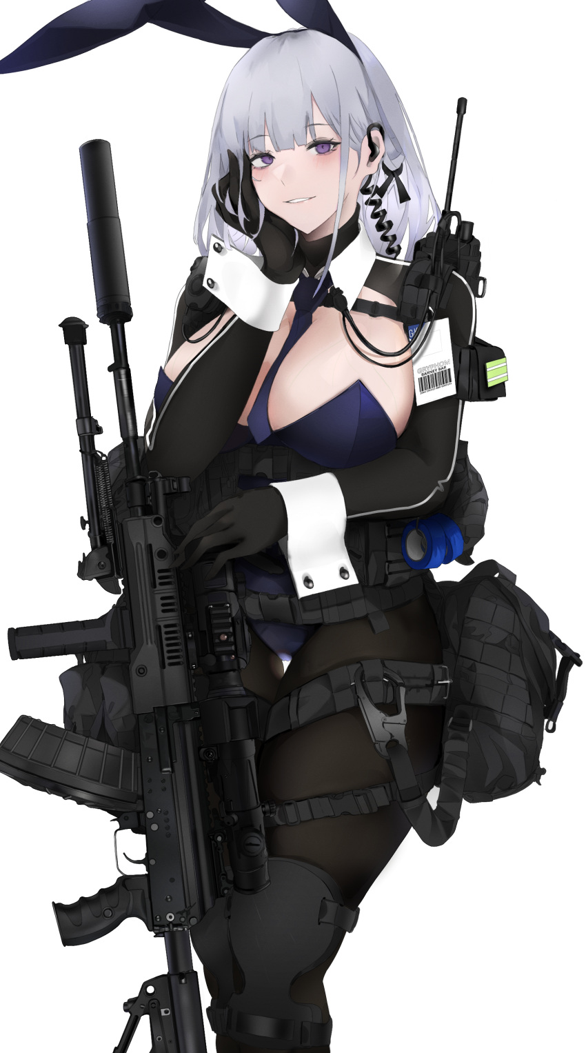 1girl absurdres animal_ears bag between_breasts black_leotard breasts cleavage cowboy_shot earpiece fake_animal_ears girls'_frontline gun hand_on_own_face highres holding holding_gun holding_weapon id_card leotard light_machine_gun necktie necktie_between_breasts pantyhose playboy_bunny purple_eyes pz-15 rabbit_ears rpk-16 rpk-16_(girls'_frontline) short_hair strapless strapless_leotard walkie-talkie weapon white_hair wrist_cuffs