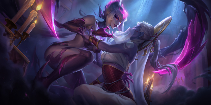 2girls baggy_pants bra candle claws corset demon demon_girl evelynn_(league_of_legends) fiery_hair fire gauntlets glowing glowing_eyes guan-yu hair_ornament hand_tattoo highres league_of_legends legends_of_runeterra looking_at_another mask moonlight mouth_mask multiple_girls multiple_tails night open_mouth pants purple_fire tail tattoo teeth underwear white_hair window yuri