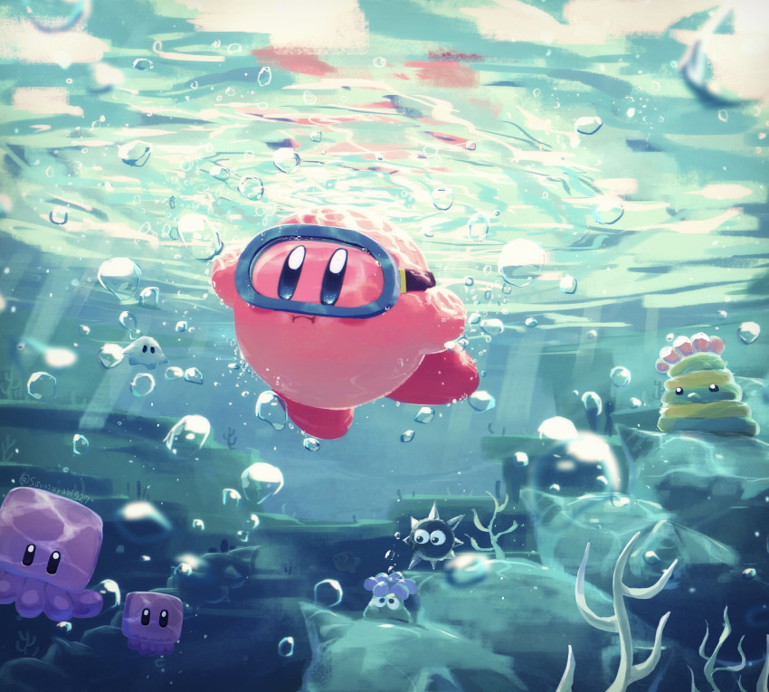 air_bubble blue_eyes bubble colored_skin diving_mask glunk_(kirby) goggles gordo highres holding_breath kirby kirby_(series) no_humans pink_skin rock slushy_(kirby) solo squishy_(kirby) submerged suyasuyabi swimming underwater