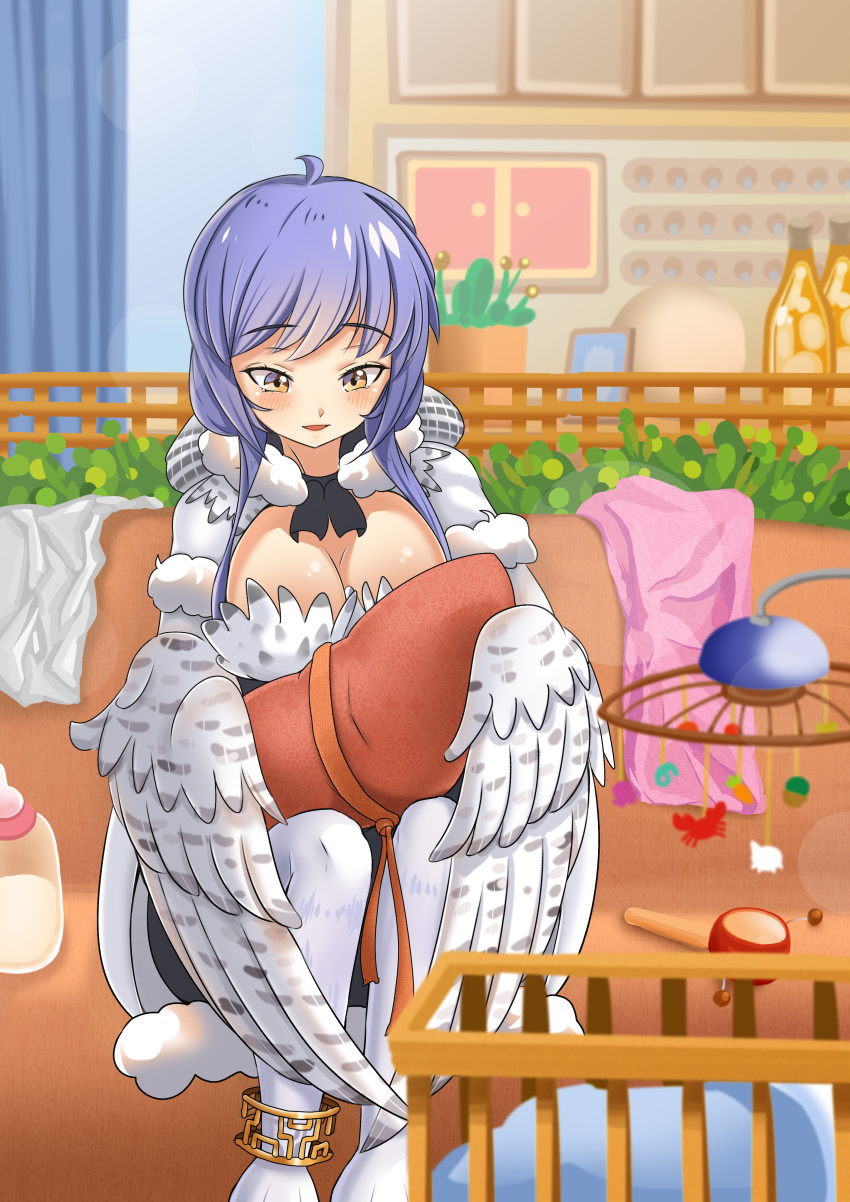 1girl absurdres baby_bottle bangs bird_legs blush bottle breasts chinese_commentary cleavage clover_theater commentary_request crib feathered_wings feathers fur_trim harpy highres holding_baby hood indoors long_hair medium_breasts monster_girl purple_hair rattle_drum sandway_(clover_theater) swaddled user_kvyg7437 white_feathers white_wings winged_arms wings yellow_eyes