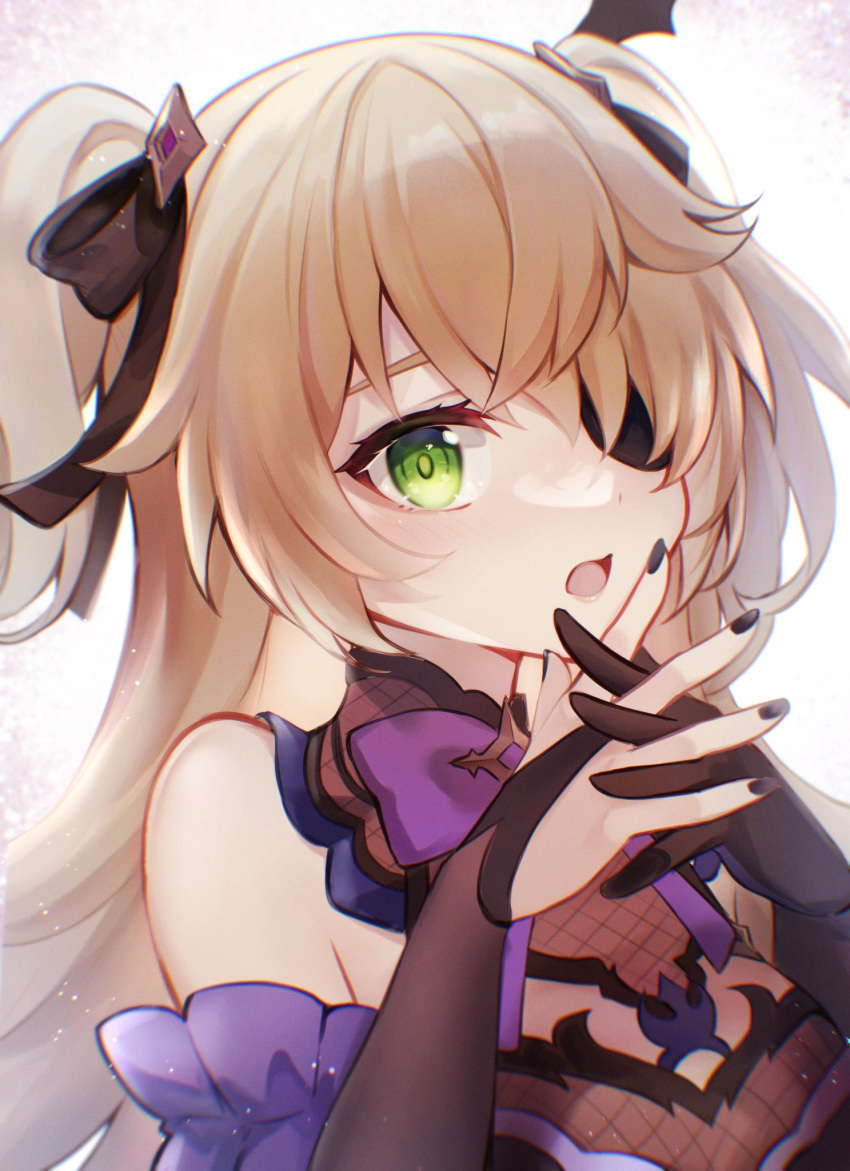 1girl bangs banned_artist bare_shoulders black_gloves black_nails black_ribbon blonde_hair crossed_fingers detached_sleeves eyepatch fischl_(genshin_impact) genshin_impact gloves green_eyes hair_ribbon highres long_hair looking_at_viewer open_mouth ribbon shiki_(shiki1230) solo twintails upper_body