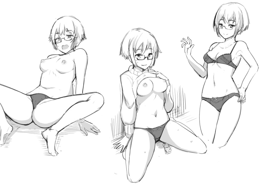 1girl against_wall bra breasts clothes_lift condom glasses greyscale ippongui medium_breasts monochrome navel nipples open_mouth original panties sketch smile sweater sweater_lift topless turtleneck turtleneck_sweater underwear