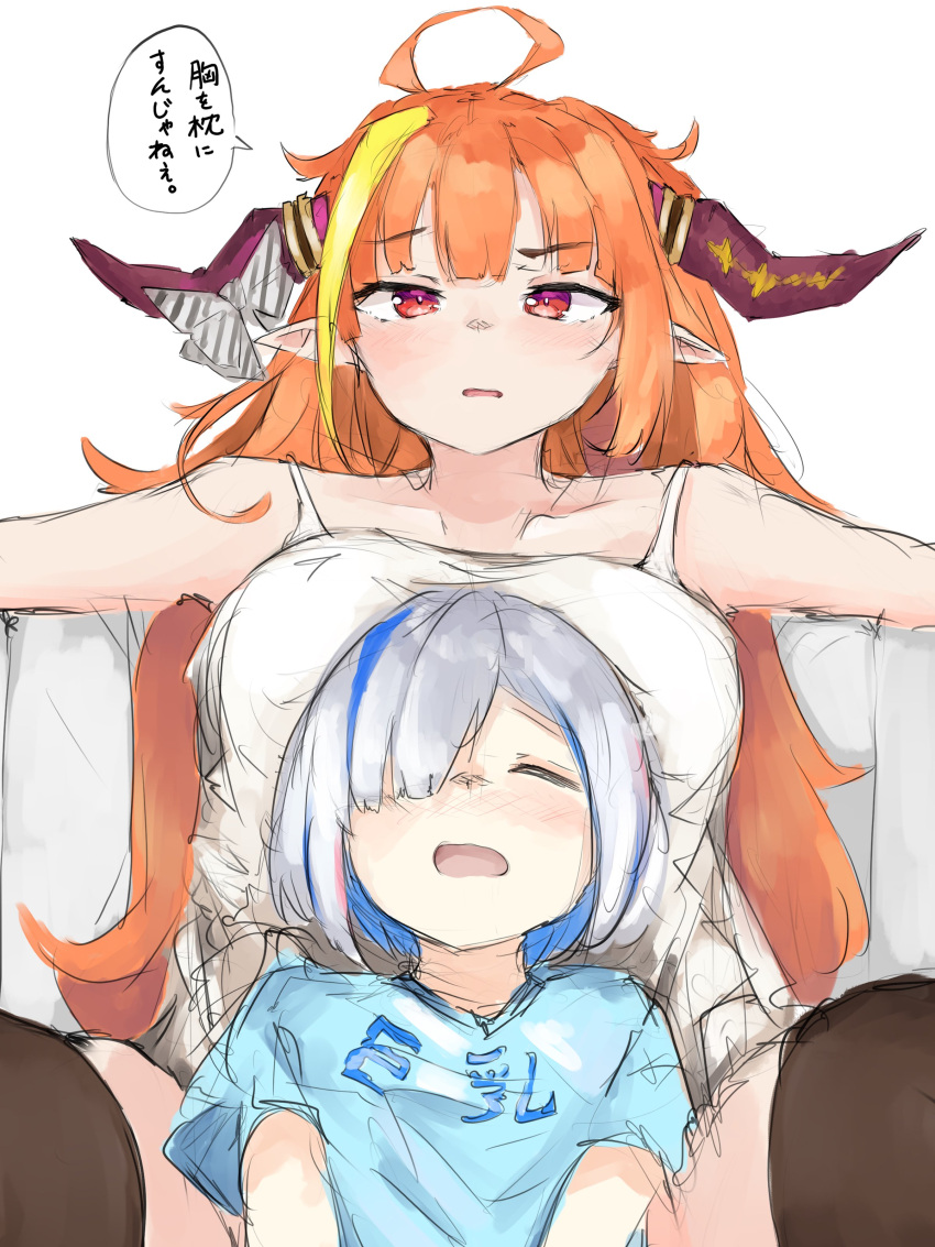 2girls absurdres amane_kanata bangs blue_shirt blunt_bangs bow breast_pillow breasts camisole closed_eyes clothes_writing colored_inner_hair commentary diagonal-striped_bow dragon_girl dragon_horns hair_over_one_eye highres hololive horn_bow horn_ornament horns kiryu_coco long_hair multicolored_hair multiple_girls no_pants open_mouth orange_hair pointy_ears red_eyes resting shirt short_hair sitting sitting_between_lap spaghetti_strap streaked_hair striped striped_bow suzu_coconatu t-shirt talking tank_top thighhighs translated virtual_youtuber white_background white_camisole white_shirt