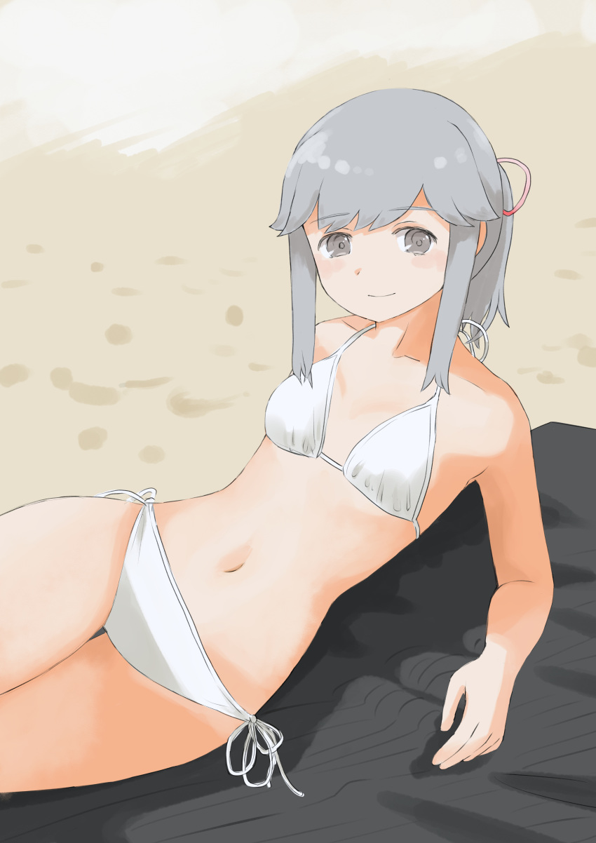 absurdres alternate_costume bikini breasts brown_eyes commentary_request cowboy_shot grey_hair hair_ribbon highres kantai_collection long_hair looking_at_viewer lying on_side one-hour_drawing_challenge ponytail red_ribbon ribbon sand side-tie_bikini_bottom sidelocks small_breasts smile swimsuit toplow usugumo_(kancolle) white_bikini