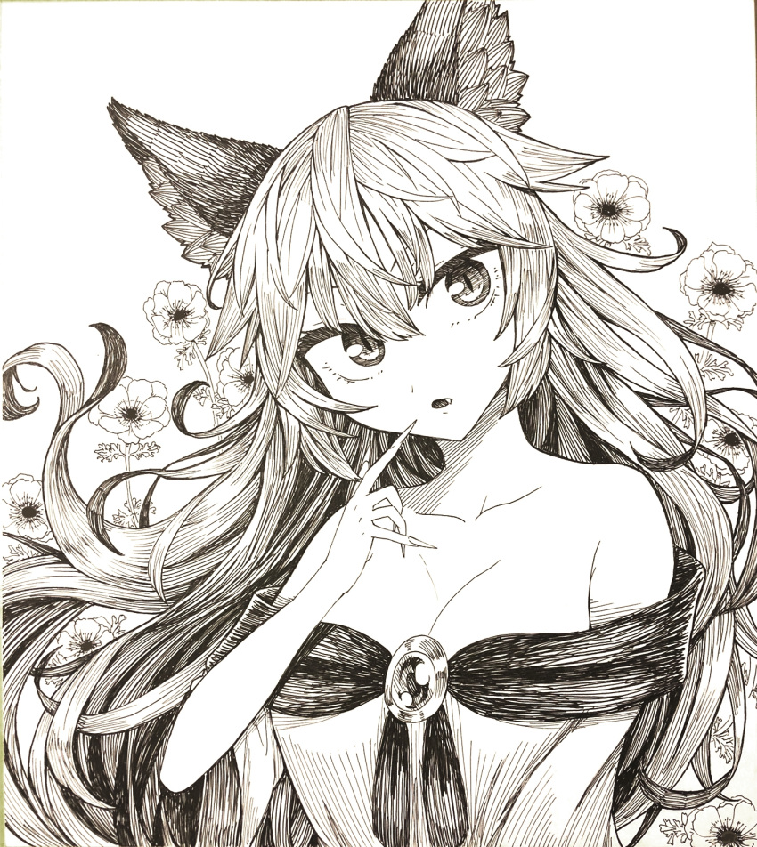 1girl animal_ear_fluff animal_ears bangs breasts brooch cleavage commentary_request dress fang fingernails flower hair_between_eyes highres imaizumi_kagerou jewelry ke-su large_breasts long_hair looking_at_viewer off-shoulder_dress off_shoulder open_mouth sharp_fingernails shikishi slit_pupils solo touhou upper_body wolf_ears wolf_girl