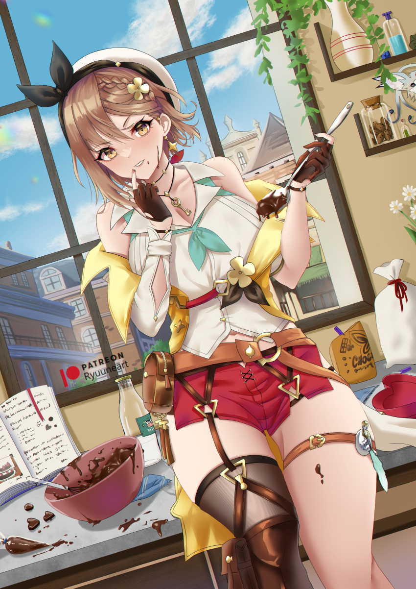 1girl absurdres atelier_(series) atelier_ryza bangs belt blue_sky blush bottle braid breasts brown_eyes brown_hair brown_thighhighs chocolate cleavage collared_shirt detached_sleeves earrings grin hair_ornament highres jar jewelry key key_necklace large_breasts looking_at_viewer milk_bottle mixing_bowl navel necklace off_shoulder pastry_bag pouch red_shorts reisalin_stout ryuuneart shirt short_shorts shorts side_braid single_thighhigh sky sleeveless sleeveless_shirt smile solo spoon star_(symbol) star_earrings thick_thighs thighhighs thighs vest white_shirt window yellow_vest