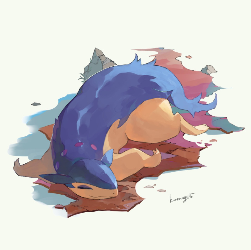 closed_eyes closed_mouth commentary_request highres hisuian_typhlosion lying nagakura_(seven_walkers) no_humans on_stomach pokemon pokemon_(creature) signature sleeping smile solo