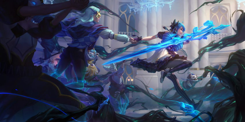 absurdres beard blue_eyes blue_hair chandelier dress facial_hair feiren_shaonu fog ghost gloves glowing glowing_eyes gwen_(league_of_legends) highres league_of_legends legends_of_runeterra long_hair mask multiple_boys multiple_girls ribbon scissor_blade scissors shoes socks twintails weapon