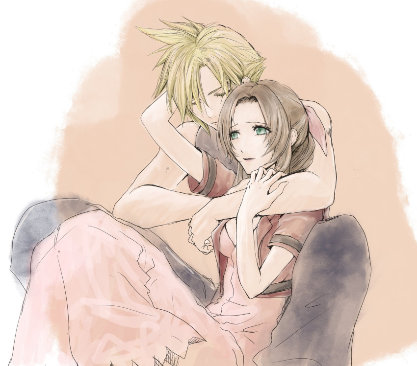 1boy 1girl aerith_gainsborough amemori_0207 baggy_pants bangs bare_arms blonde_hair blue_pants blue_shirt braid braided_ponytail breasts brown_hair closed_eyes cloud_strife couple cropped_jacket dress feet_out_of_frame final_fantasy final_fantasy_vii final_fantasy_vii_remake green_eyes hair_between_eyes hair_ribbon hand_in_another's_hair hand_on_another's_arm highres hug hug_from_behind jacket long_dress long_hair medium_breasts pants parted_bangs pink_dress pink_ribbon red_jacket ribbon shirt short_hair short_sleeves sidelocks sleeveless sleeveless_turtleneck spiked_hair turtleneck