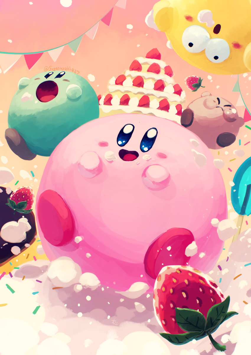 absurdres ball blush cake candy closed_eyes copy_ability cream cream_on_face eating flag food food_on_face fruit happy highres kirby kirby's_dream_buffet kirby_(series) lollipop open_mouth sparkle strawberry suyasuyabi tongue whipped_cream