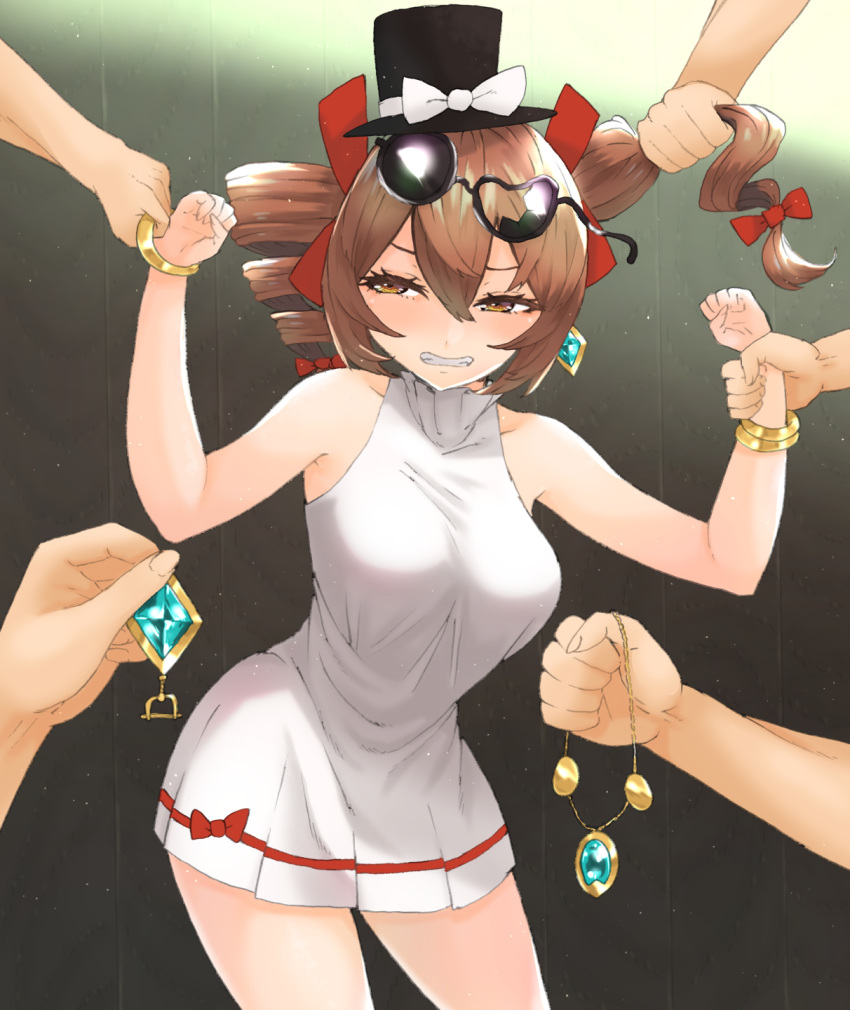 1girl 5others bangle bangs blush bow bracelet breasts broken_eyewear brown_eyes brown_hair clenched_teeth commentary_request cowboy_shot dress drill_hair earrings eyewear_on_head grabbing_another's_hair hair_between_eyes hat hat_bow highres holding_another's_wrist jewelry ke-su looking_to_the_side medium_breasts medium_hair multiple_others necklace robbery round_eyewear short_dress sleeveless sleeveless_dress solo_focus sunglasses teeth top_hat touhou twin_drills white_bow white_dress yorigami_jo'on