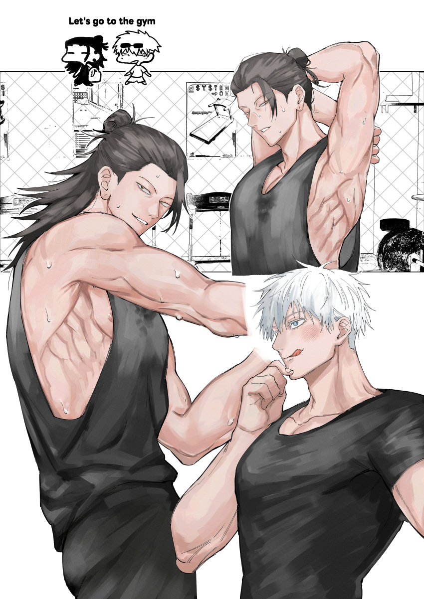1ittlesummer 2boys absurdres adam's_apple alternate_costume armpits black_hair black_pants black_tank_top blue_eyes blush chibi commentary_request cowboy_shot from_side getou_suguru gojou_satoru gym hair_bun hair_pulled_back highres implied_yaoi jujutsu_kaisen long_hair looking_at_viewer male_focus multiple_boys multiple_views muscular muscular_male nipples no_earrings pants pectoral_cleavage pectorals short_hair single_hair_bun sleeveless smile sweat tank_top teeth tongue tongue_out upper_body white_hair yellow_eyes