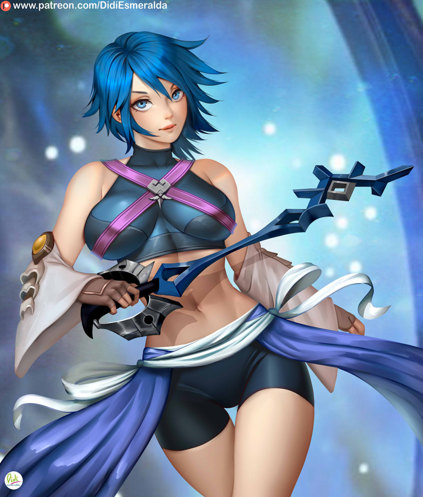 1girl aqua_(kingdom_hearts) bare_shoulders bike_shorts black_shorts blue_eyes blue_hair breasts cowboy_shot crop_top detached_sleeves didi_esmeralda fingerless_gloves gloves grey_gloves hair_between_eyes halter_shirt halterneck highres holding holding_weapon keyblade kingdom_hearts kingdom_hearts_iii large_breasts looking_at_viewer short_hair shorts solo waist_sash weapon white_sleeves wide_sleeves