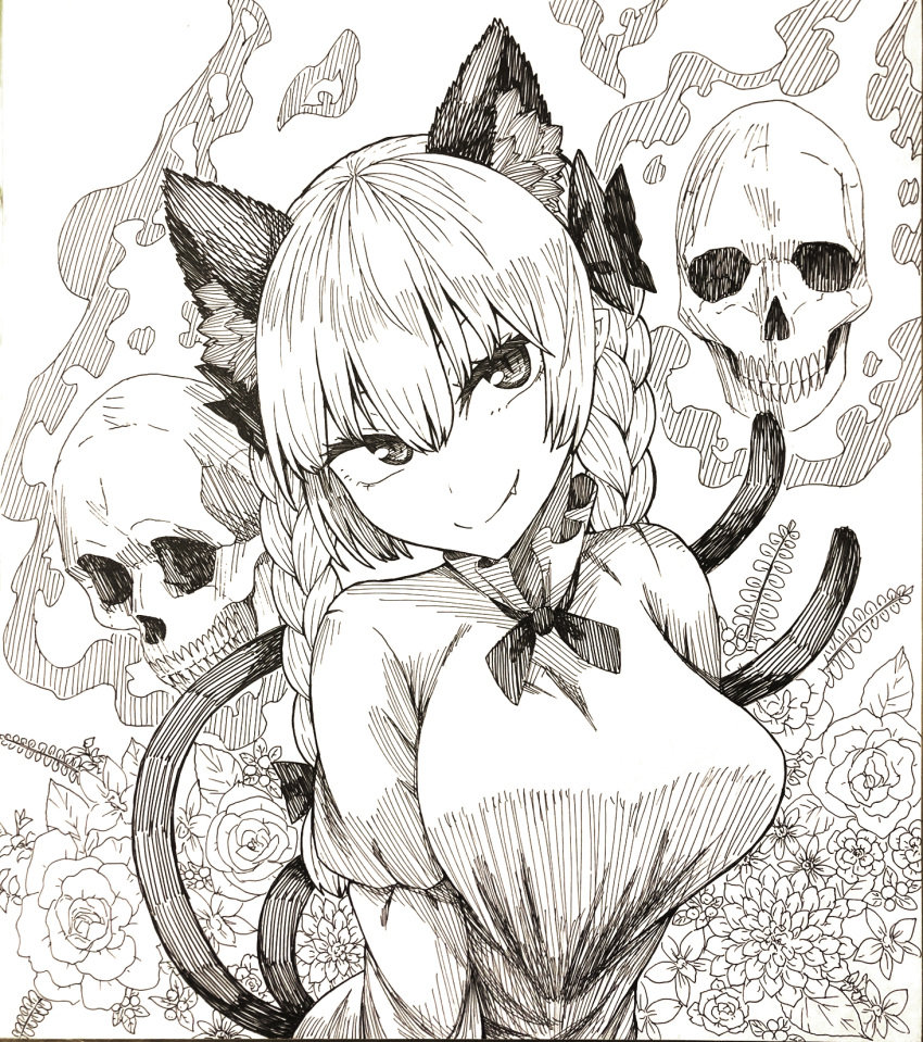 1girl animal_ears bangs bow braid breasts cat_ears cat_tail closed_mouth commentary_request dress extra_ears fang fang_out flaming_skull floating_skull flower frilled_dress frills graphite_(medium) greyscale hair_between_eyes hair_bow hatching_(texture) highres juliet_sleeves kaenbyou_rin ke-su large_breasts long_hair long_sleeves looking_at_viewer monochrome multiple_tails puffy_sleeves shikishi skull smile solo split_mouth tail touhou traditional_media twin_braids upper_body