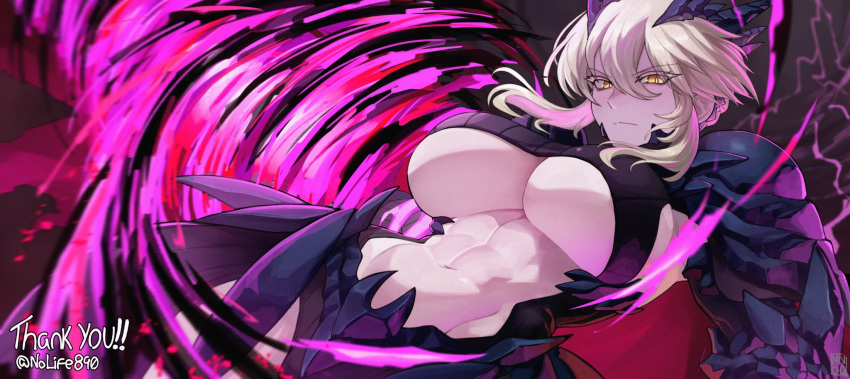 1girl armor artoria_pendragon_(fate) artoria_pendragon_(lancer_alter)_(fate) black_bodysuit blonde_hair bodysuit braid breasts cape center_opening cleavage dark_rhongomyniad_(fate) fate/grand_order fate_(series) faulds gauntlets highres horns lance large_breasts long_hair looking_at_viewer mendo0821 navel polearm ribbed_bodysuit sidelocks solo underboob weapon yellow_eyes