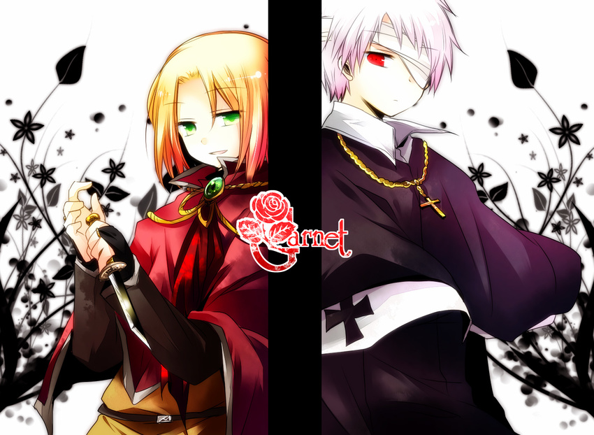 androgynous aplerichi axis_powers_hetalia bad_id bad_pixiv_id blonde_hair cross flower gold green_eyes light_smile male_focus multiple_boys poland_(hetalia) prussia_(hetalia) red_eyes red_flower red_rose rose silver_hair weapon