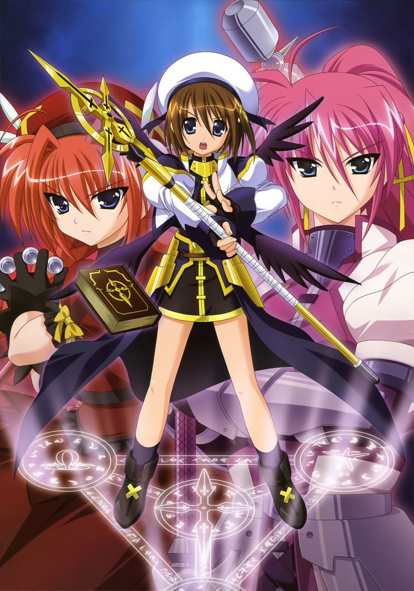 absurdres ahoge book brown_hair gloves graf_eisen hat higa_yukari highres levantine long_hair lyrical_nanoha magic_circle mahou_shoujo_lyrical_nanoha_strikers multiple_girls non-web_source official_art pink_hair red_hair schwertkreuz short_hair signum tome_of_the_night_sky vita wings yagami_hayate