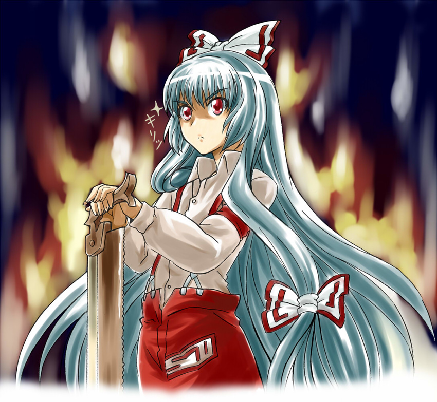 bad_id bad_pixiv_id bow fire fujiwara_no_mokou glint hair_bow hair_ribbon long_hair mikage_nao pants red_eyes ribbon saw silver_hair solo suspenders touhou very_long_hair