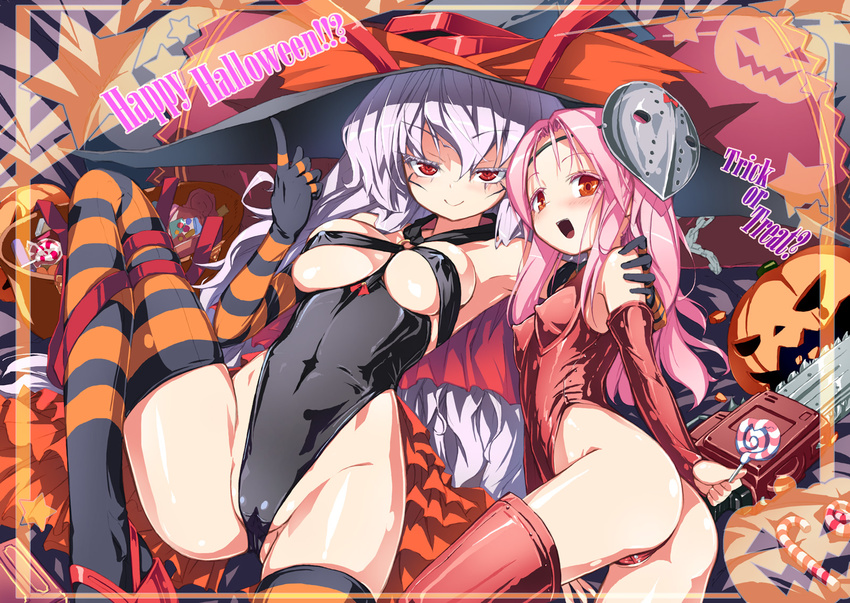 bad_id bad_pixiv_id black_leotard breasts cameltoe candy cape chainsaw covered_nipples elbow_gloves food gloves halloween happy_halloween hat highres hockey_mask homura_subaru jack-o'-lantern large_breasts leotard lollipop long_hair looking_at_viewer multiple_girls original pink_hair pumpkin red_eyes red_leotard striped striped_legwear thighhighs trick_or_treat white_hair witch_hat yuri