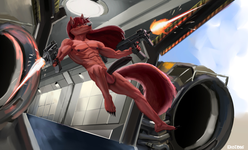 absurd_res anthro canid canine canis ekoi1995 genitals gun hi_res male mammal nude penis ranged_weapon science_fiction solo spacecraft varro vehicle weapon wolf