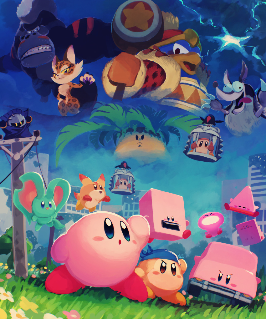 absurdres bandana bandana_waddle_dee bird blue_bandana cable cape car_mouth city clawroline claws closed_eyes cloud cloudy_sky cone_mouth crow elfilin floating flower furry furry_female furry_male gorimondo grass hammer hat highres king_dedede kirby kirby_(series) kirby_and_the_forgotten_land light_bulb_mouth looking_to_the_side mask meta_knight mouthful_mode open_mouth outdoors prison revision shoulder_pads sillydillo sky stairs_mouth suyasuyabi teeth tongue tropic_woods vending_mouth waddle_dee