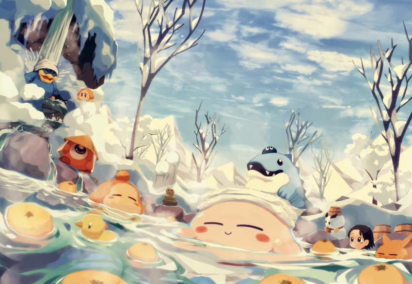 1girl =_= adeleine bathing black_eyes blue_sky blush_stickers boulder chilly_(kirby) closed_eyes cloud gooey_(kirby) highres ice_dragon_(kirby) king_dedede kirby kirby_(series) mountain on_water onsen outdoors partially_submerged relaxed relaxing scarfy sky smile snow steam suyasuyabi towel towel_on_head tree waddle_dee waddle_doo water waterfall