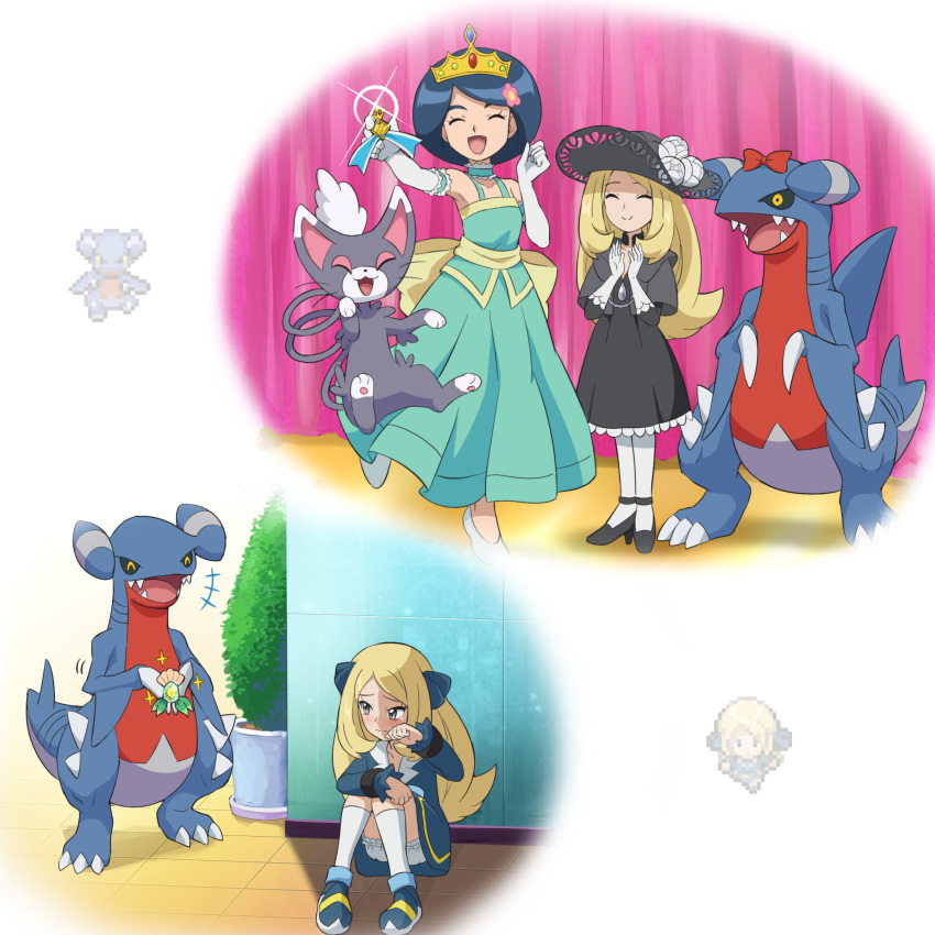 +++ 2girls absurdres aged_down black_dress black_ribbon blonde_hair closed_mouth commentary_request cynthia_(pokemon) dress flower gabite glameow gloves green_dress hair_flower hair_ornament hair_ribbon hat hat_flower highres johanna_(pokemon) long_hair long_sleeves medal multiple_girls pokemoa pokemon pokemon_(anime) pokemon_journeys ribbon shoes sitting socks sparkle sprite standing tiara white_gloves white_socks