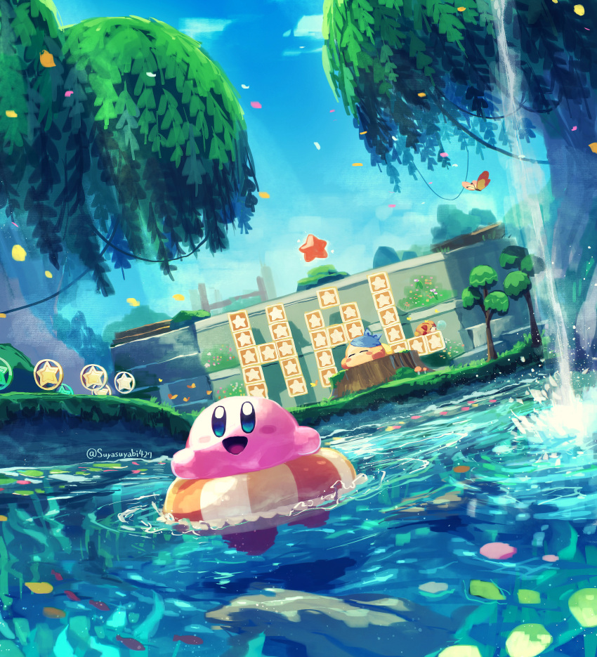 absurdres awoofy bandana bandana_waddle_dee block blue_sky blush_stickers bug butterfly closed_eyes cloud colored_skin day falling_leaves grass highres kirby kirby_(series) kirby_and_the_forgotten_land leaf lifebuoy morpho_knight mushroom nature no_humans open_mouth petals petals_on_liquid pink_skin scenery sky sleeping smile suyasuyabi tree_stump twitter_username warp_star water waterfall