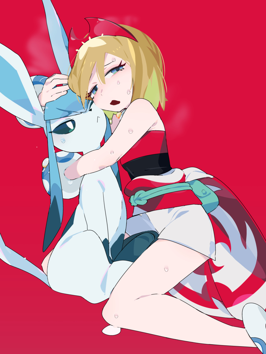 1girl :&lt; animal animal_hug anklet aqua_sclera arm_up bangs bare_shoulders blonde_hair blue_eyes blue_hair bracelet breasts cheek-to-cheek closed_mouth colored_sclera commentary_request english_commentary fanny_pack full_body glaceon hairband half-closed_eyes hand_on_another's_head heads_together highres irida_(pokemon) jewelry kuroi_moyamoya long_hair looking_to_the_side mixed-language_commentary neck_ring one_eye_closed open_mouth partial_commentary pokemon pokemon_(creature) pokemon_(game) pokemon_legends:_arceus red_hairband red_shirt shirt short_hair short_shorts shorts sidelocks sitting small_breasts steam strapless strapless_shirt sweat twintails v-shaped_eyebrows white_eyes white_shorts wince