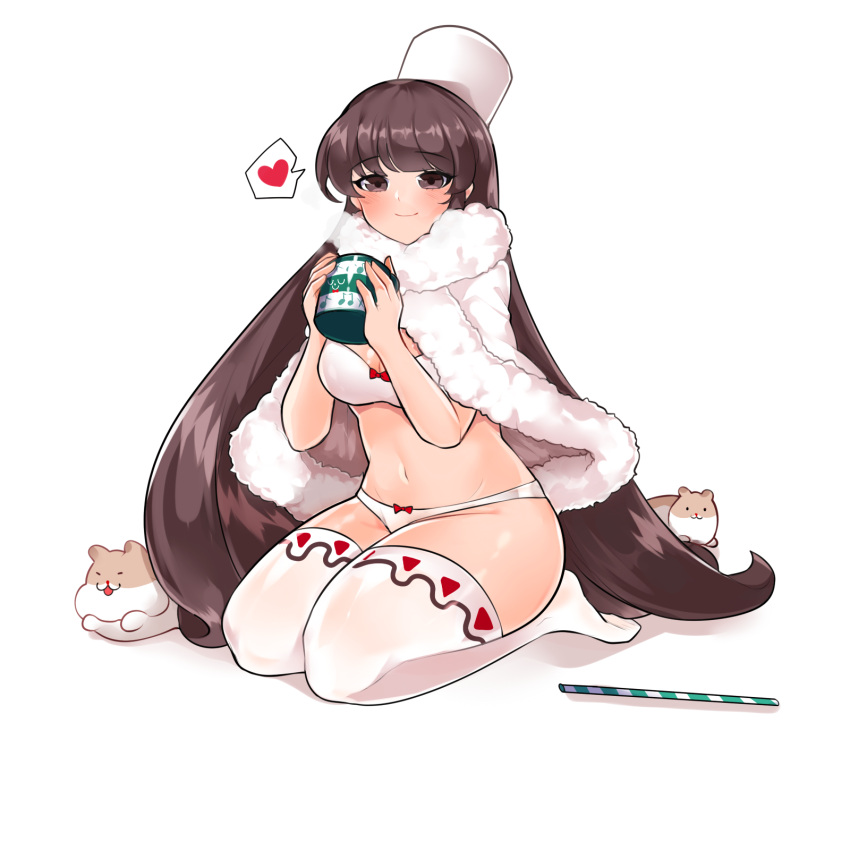 1girl animal bow bow_bra bow_panties bra breasts brown_eyes brown_hair cloak closed_mouth cookie_run cup dot_nose drinking_straw full_body fur_cloak hat heart highres holding korean_commentary legs_folded long_hair looking_at_viewer mindoll mug navel panties seiza simple_background sitting smile solo speech_bubble thighhighs thighs underwear very_long_hair white_background white_bra white_panties white_thighhighs