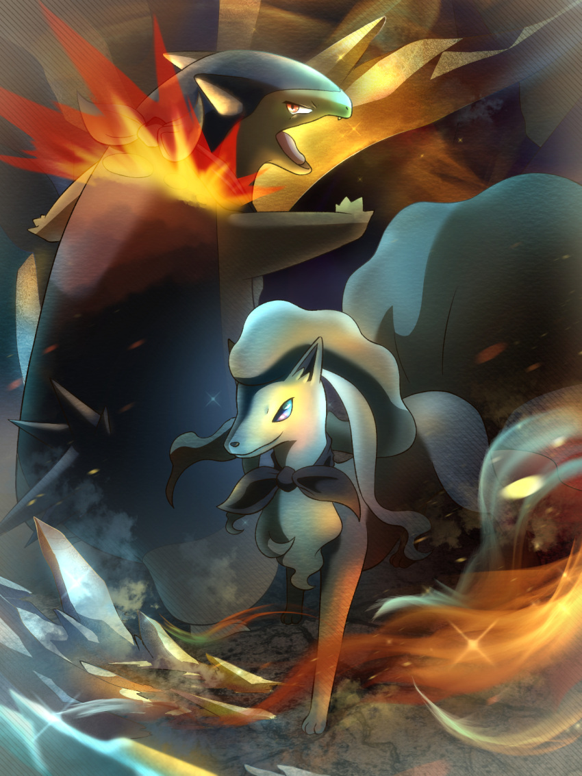 3:4 3_toes 4_fingers alolan_form alolan_ninetales biped black_nose black_scarf blue_body blue_eyes blue_fur colored digital_media_(artwork) digital_painting_(artwork) duo ears_up feet female feral fingers fire fur generation_2_pokemon hakkentai_pkdn hi_res ice long_fur looking_at_viewer looking_back male nintendo open_mouth pokemon pokemon_(species) pokemon_mystery_dungeon quadruped red_eyes regional_form_(pokemon) scarf tan_body tan_fur teeth teeth_showing toes tongue typhlosion video_games white_body white_fur