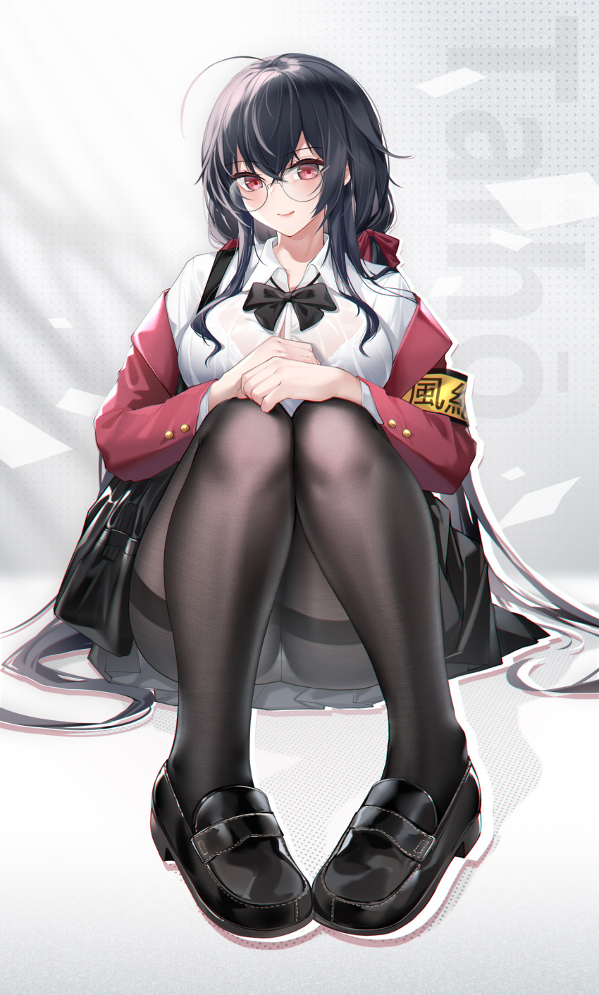 1girl :q ahoge armband azur_lane bag bangs black_bag black_bow black_bowtie black_footwear black_hair black_pantyhose black_skirt bow bowtie bra_visible_through_clothes breasts button_gap character_name collared_shirt crossed_bangs dress_shirt foreshortening full_body glasses grey_background hair_bow hands_on_own_knees highres huge_ahoge jacket large_breasts loafers long_hair looking_at_viewer off_shoulder official_alternate_costume pantyhose pleated_skirt red_bow red_eyes red_jacket school_bag school_uniform shirt shoes sidelocks sitting skirt smile solo stardust_(chen'ai_weiding) taihou_(azur_lane) taihou_(sweet_time_after_school)_(azur_lane) thighband_pantyhose tongue tongue_out very_long_hair white_shirt