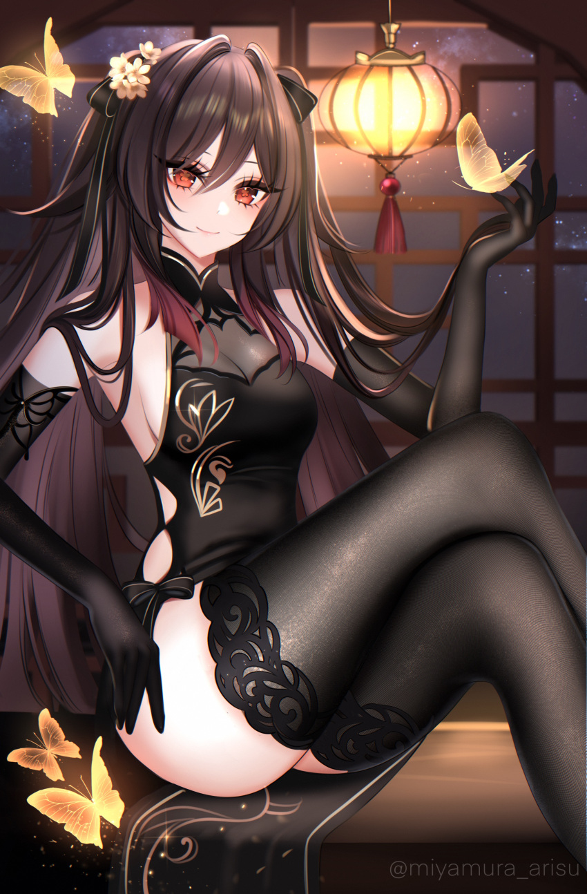 1girl 707arisu absurdres ass black_dress black_gloves black_thighhighs breasts brown_hair bug butterfly cleavage crossed_legs dress elbow_gloves flower-shaped_pupils genshin_impact gloves gradient_hair highres hu_tao_(genshin_impact) large_breasts long_hair looking_at_viewer multicolored_hair red_eyes red_hair solo symbol-shaped_pupils thighhighs twitter_username