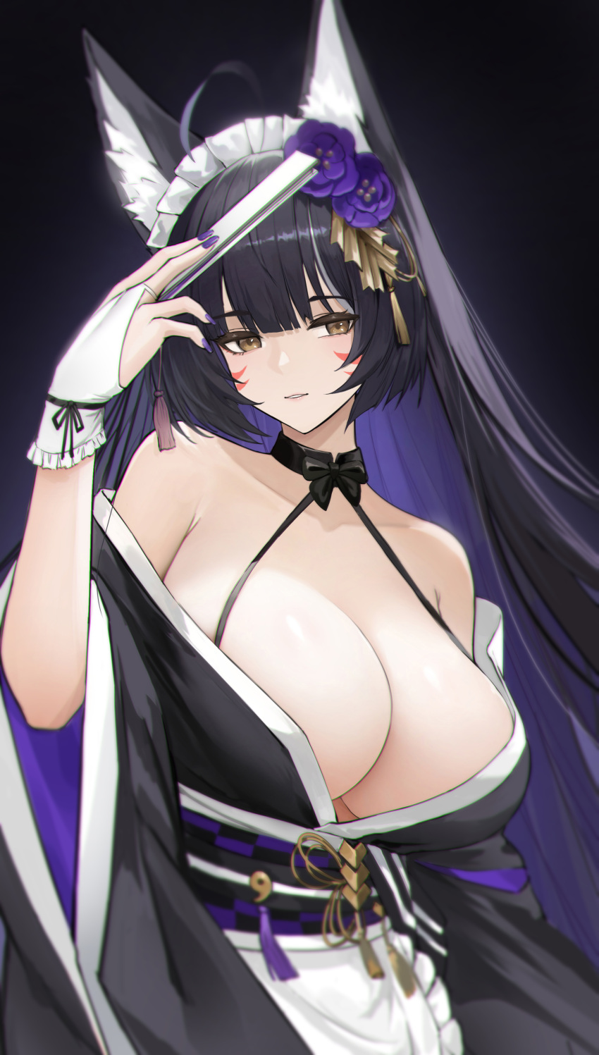 1girl absurdres ahoge animal_ears apron azur_lane bangs bare_shoulders black_background black_bow black_bowtie black_choker black_hair black_kimono black_ribbon blunt_bangs blurry bow bowtie breasts choker cleavage colored_inner_hair commentary depth_of_field facial_mark fingerless_gloves fingernails flower folding_fan fox_ears frilled_apron frilled_hairband frills genera-x gloves hair_flower hair_ornament hairband hand_fan hand_up highres holding holding_fan japanese_clothes kimono large_breasts long_fingernails long_hair looking_at_viewer maid_apron maid_headdress multicolored_hair musashi_(azur_lane) parted_lips purple_flower purple_nails ribbon sash solo tassel upper_body wa_maid waist_apron white_apron white_gloves white_hairband wide_sleeves
