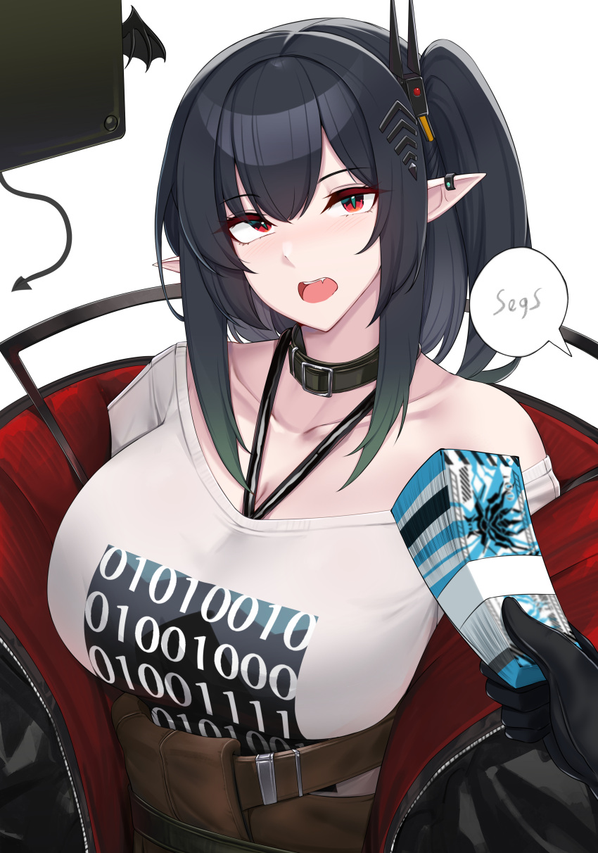 1girl absurdres arknights bangs bare_shoulders belt black_choker black_gloves black_hair black_jacket brown_belt choker closure_(arknights) commentary_request english_commentary gloves halterneck highres jacket kanta_(kanta_077) long_hair looking_at_viewer lungmen_dollar money off-shoulder_shirt off_shoulder one_side_up open_clothes open_jacket pointy_ears red_eyes shirt simple_background smile solo_focus speech_bubble t-shirt upper_body white_background white_shirt