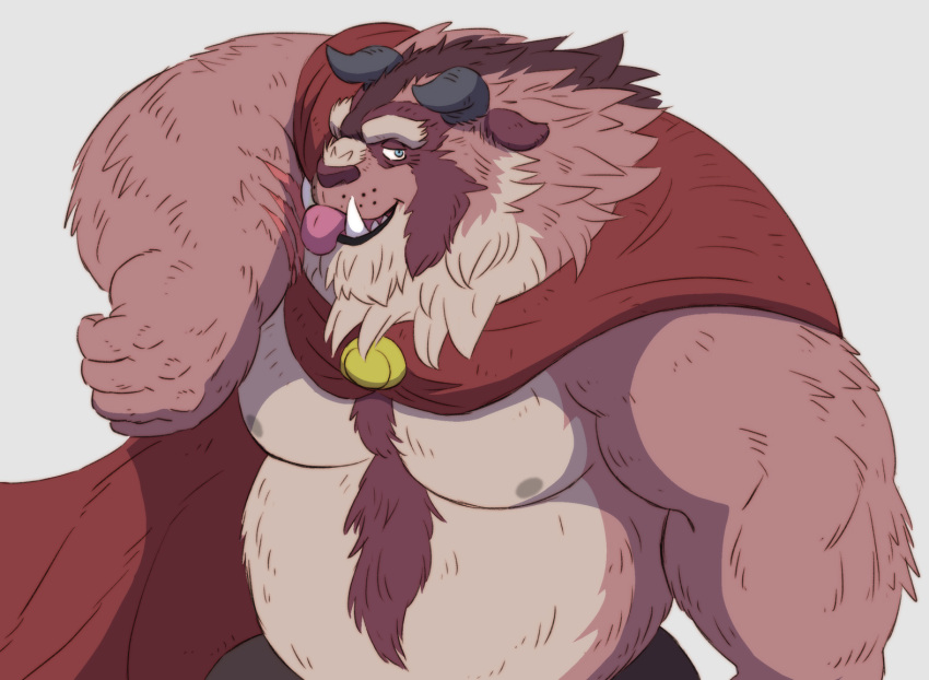 2022 anthro beast_(disney) beauty_and_the_beast belly big_belly brown_body cape clothing gadoran kemono male monster moobs nipples overweight overweight_male simple_background solo tongue tongue_out